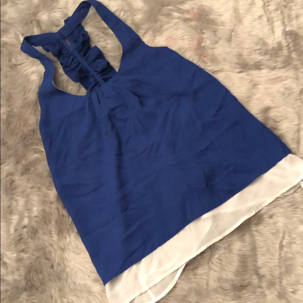 Flowy blue and white ruched back tank top